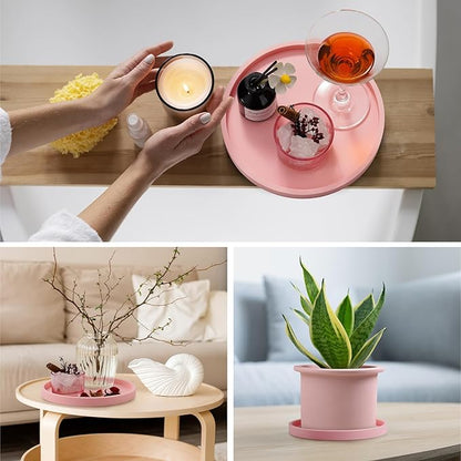 NiHome Thickened Silicone Vanity Organizer Tray for Bathroom Accessories, Kitchen Countertop, Living Room Decor, Multipurpose Shatter-Resistant Round Tray Decor for Candle, Perfume, Soap, Plant (Pink)