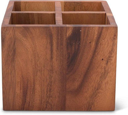 Vagabond House Square Caddy Acacia Wood Flatware/Serve ware/Utensil/Carry-All Holder with Solid Pewter Fleur de Lis Accent, 4 Compartments 7 inch x 7 inch