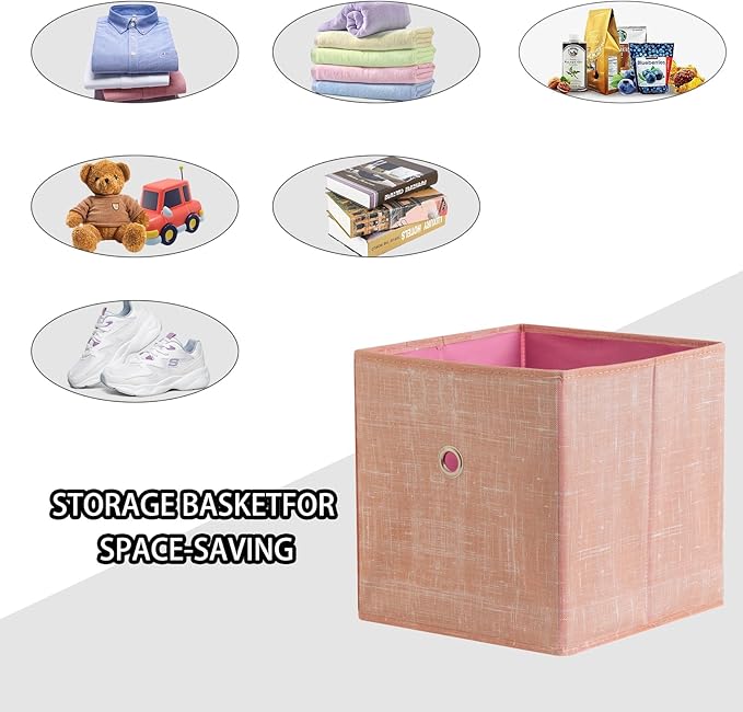 Foldable Storage Cubes Bins ,11 Inch Cloth Storage Cube Fabric Storage Box Cubes Organizer Baskets with Handles for Home Organizer Set of 3 (Cowboy Pink)