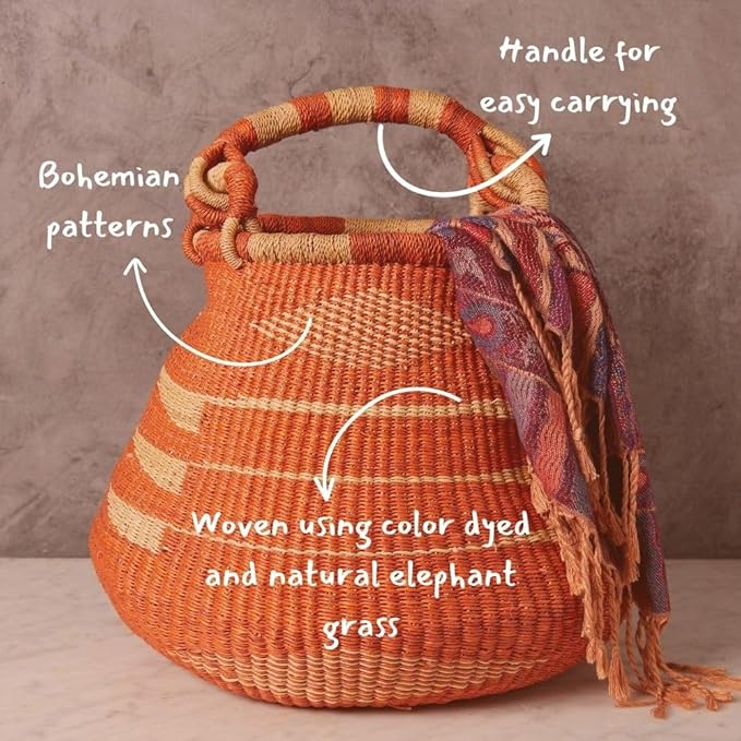 Orange Bolga African Basket for Boho Decor, 16 Inch Wide