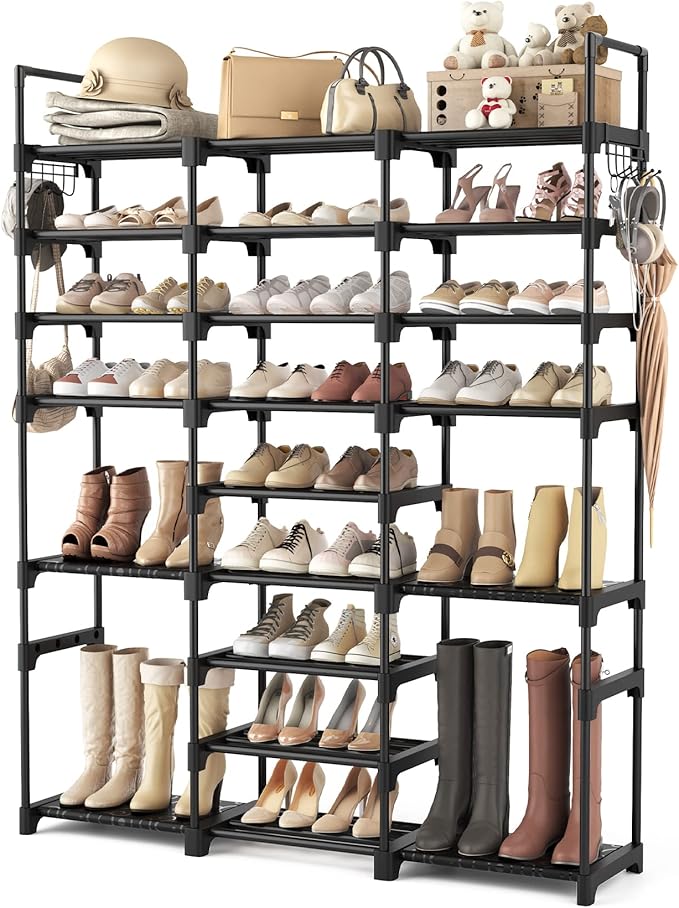 Tall Shoe Rack Organizer 9 Tiers 50-55 Pairs Large Shoe Rack for Closet Entryway Garage Big Shoe Storage with Side Hooks Black Metal Free Standing Shoe Racks Sturdy Shoe Shelf Tower