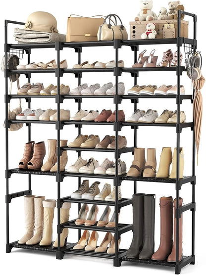 Tall Shoe Rack Organizer 9 Tiers 50-55 Pairs Large Shoe Rack for Closet Entryway Garage Big Shoe Storage with Side Hooks Black Metal Free Standing Shoe Racks Sturdy Shoe Shelf Tower