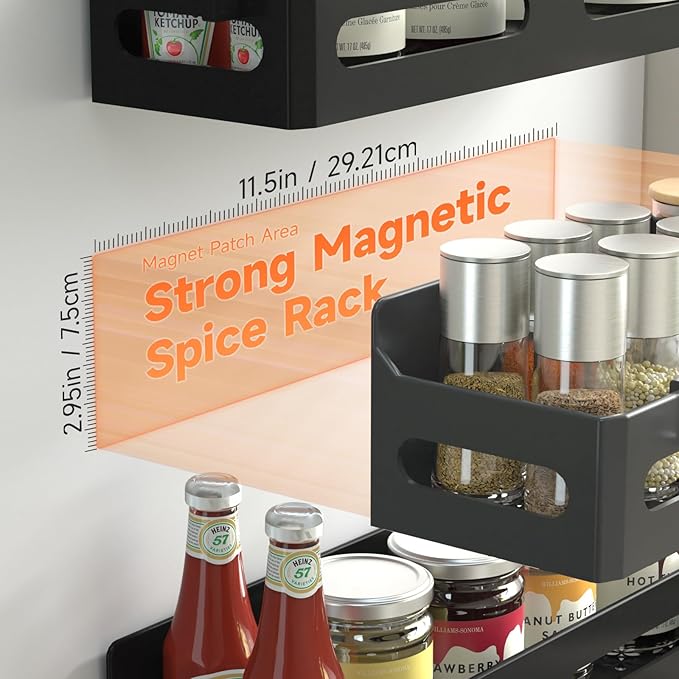Sevenblue 2 Pack Strong Magnetic Spice Rack for Refrigerator, Multipurpose Magnetic Shelf for Fridge with 4 Hooks for kitchen and Bathroom Organization, Black