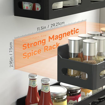 Sevenblue 2 Pack Strong Magnetic Spice Rack for Refrigerator, Multipurpose Magnetic Shelf for Fridge with 4 Hooks for kitchen and Bathroom Organization, Black
