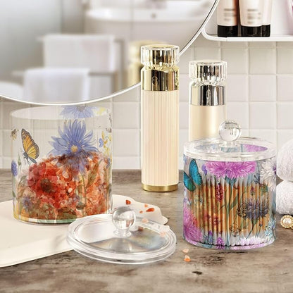 2 Pack Qtip Dispenser Apothecary Jars with Lids Cotton Round Holder Bathroom Canisters for Cotton Swab Floss Ball Pads Clear Plastic Decorative Sunflowers Cornflower Butterfly