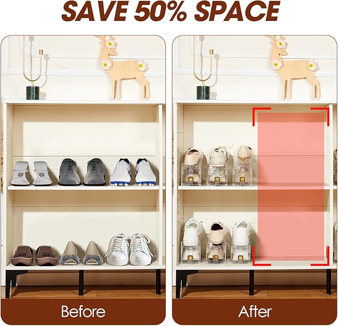 12 Pack Shoe Slots Organizer for Closet, Adjustable Shoe Stackers for a Pair of Shoes Shoe Rack Storage Shoe Space Saver 50% Shoe Shelf Display Holder for Closet