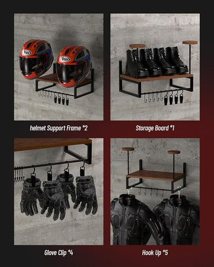 Vieshful Motorcycle Helmet Holder Wall Mount, Helmet Organizer Rack with 1 Layer Wooden Boards and 2 Hat Stands, Helmet Hanger for Motorcycle Accesories Storage with 4 Glove Chips and 5 hooks