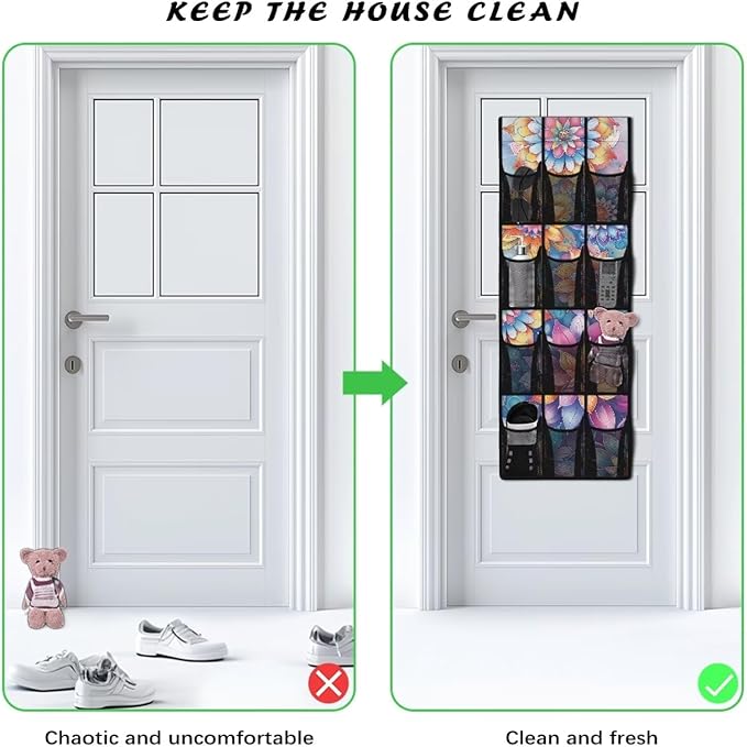 12 Large Mesh Pockets Over the Door Shoe Organizer Colorful Mandala Flower Hanging Shoe Rack for Closet Shoe Organizer Door Hanger