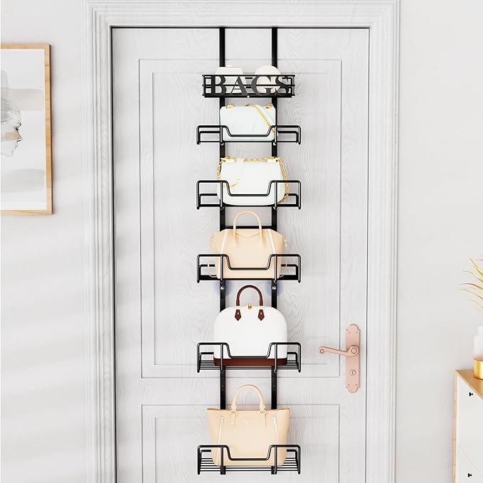 HapiRm Over Door Purse Organizer - Adjustable Purse Storage Rack with Bags Design Metal Basket, Wall Mounted Handbag Organizer, Hanging Handbag Holder, Can Use As 1/2 Part Detachable