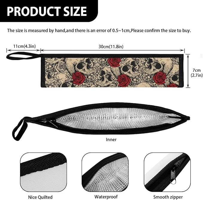 Rose Skull Cutlery Carry Case Camping Utensil Bag Outdoor Tableware Storage Bag Flatware Organizers for Park Backpacking Traveling 11.8 Inch Picnic Pouch Case