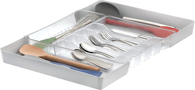 Spectrum Diversified Hexa Expandable Divided Drawer Organizer Tray Modern Kitchen Cutlery, Utensil, Silverware Holder, Cabinet Storage, 13 x 16, Clear Frost/Stone Gray (Pack of 2)