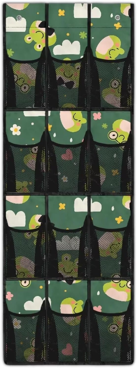 12 Large Mesh Pockets Cartoon Frog Over the Door Shoe Organizer Sturdy Oxford Fabric Hanging Shoe Rack for Closet Shoe Organizer Door Hanger