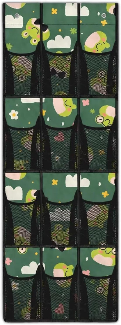 12 Large Mesh Pockets Cartoon Frog Over the Door Shoe Organizer Sturdy Oxford Fabric Hanging Shoe Rack for Closet Shoe Organizer Door Hanger