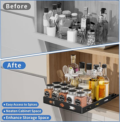 BOIVSHI Pull Out Spice Rack Organizer for Cabinet, Heavy Duty Spice Organizer, Vertical Spice Rack Organizer for Kitchen, Cabinet, Pantry (10.5''Wx10.5''Dx2.8''H, Metal Black)