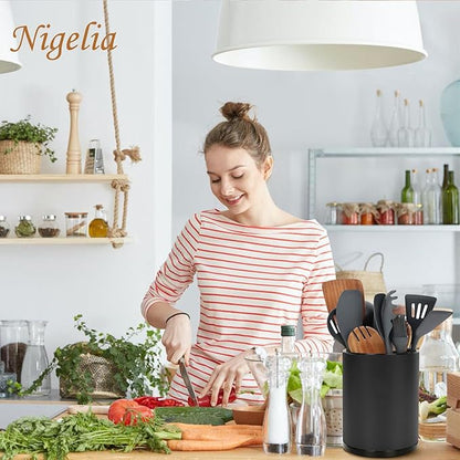 Nigelia Extra Large Kitchen Utensil Holder, 360° Rotating Stainless Steel Cooking Utensil Holder for Countertop, 3 Compartment Flatware Organizer & Cooking Caddy with Removable Base（Black）