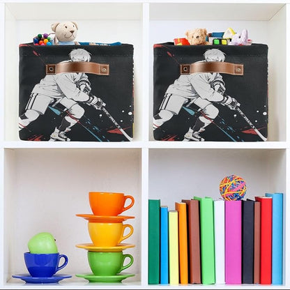 Storage Basket Hockey Player Durable Canvas Collapsible Toy Box Organizer Bin with Handles for Shelf Closet Bedroom Home Office