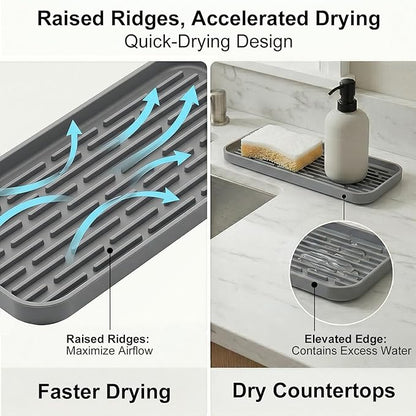 Silicone Organizer Tray, Soap and Sponge Holder for Kitchen Sink, Bathroom - Storage Tray for Dish Brush, Soap Dispenser, Dishwashing Accessories-(Gray 1 Pack, 12"x4.7")