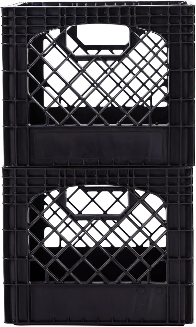 Plastic Milk Crate Storage Tote with Handles, 16-Quart Stackable Cube Organizer for Garage, Home, and Office, Made in the USA, 13" x 13" x 11" (2-Pack) - Black