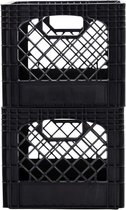 Plastic Milk Crate Storage Tote with Handles, 16-Quart Stackable Cube Organizer for Garage, Home, and Office, Made in the USA, 13" x 13" x 11" (2-Pack) - Black