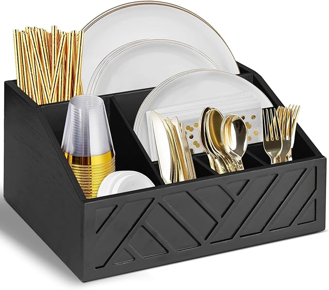 Ukonvi Paper Plate Dispenser, Paper Plate Holder for Kitchen Counter, Wood Rustic Silverware Utensil Caddy, Cutlery Flatware Organizer Box for Cups Spoons Forks Plates Napkins, Kitchen Accessories