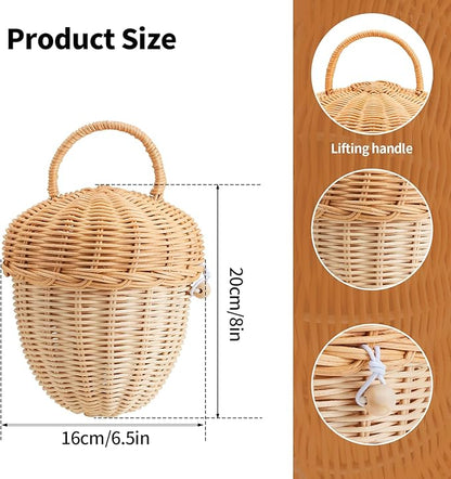Handmade Wicker Rattan Mushroom-Shaped Storage Basket for Outdoor, Kids, Decor, Photography Props (Acorn-Shaped)