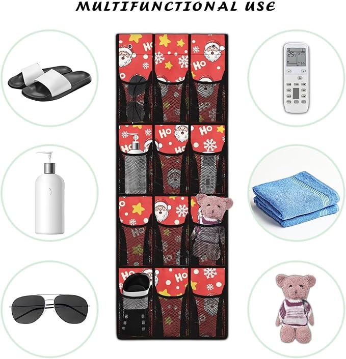 HOHO Santa Claus Door Hanging Shoe Organizer for Xmas Home Decor Mesh Fabric Shoe Organizer Over The Door for Living Room,Multi-Funtion Storage Bag,4 Metal Hook with 12 Pockets