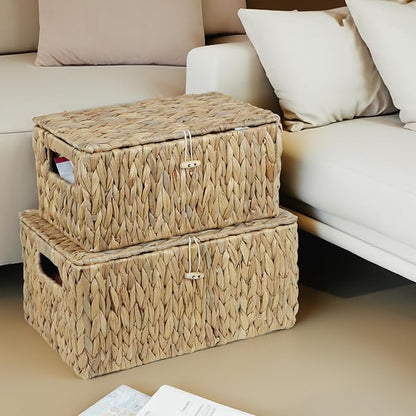 ORDELITE Set of 2 Wicker Basket with Lid, Rectangular Water Hyacinth Storage Baskets for Organizing, Decorative Woven Basket Bins Boxes for Organizing Home