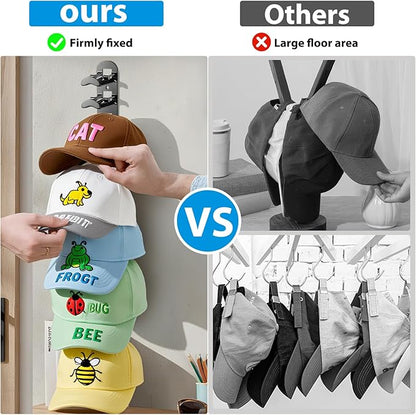 4 Pack Hat Organizer for Baseball Caps, Hat Rack for Wall Hold Up to 40 Hats, Hat Holder with Strong Adhesive and Screws,Cap Organizer Hat Hanger Display for Door Closet Bedroom(4pcs,B-Black)