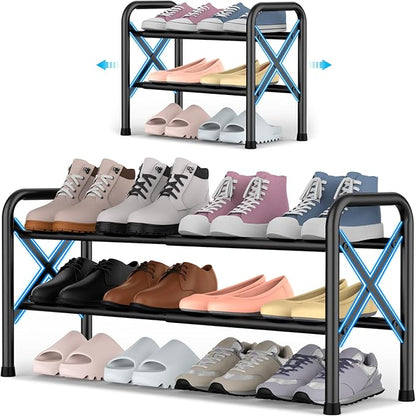 YEASHEIN 2-Tier Expandable Shoe Rack for Closet Floor, X-Frame Metal Small Shoe Rack for Entryway, Adjustable Shoe Shelf Organizer, Free Standing Shoe Racks for Front Door Entrance, Garage - Black