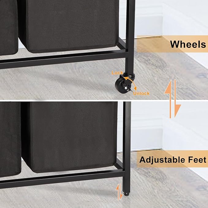 Timberer Laundry Hamper, Laundry Sorter 4 Sections, Rolling Laundry Basket with Wheels, 3 Drawers, 4 × 14.5 Gal (55 L), Pull-Out and Removable Oxford Fabric Bags, Black and Rustic Brown