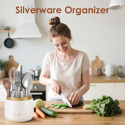 EXIN DECHEN 360° Rotation Silverware Organizer for Kitchen Counter,Utensil Holder Caddy Silverware Caddy Holder for Party,Spoon and Fork Organizer,7 Slots and Intermediate Drainage Device with Cover