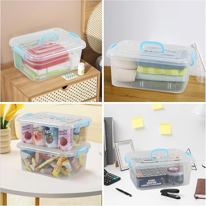 8 Quart Plastic Latching Storage Box with Handles, Small Plastic Tote Bin with Lid, 2 Packs