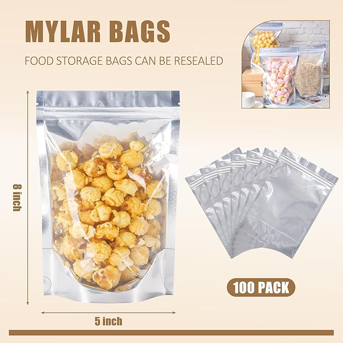 100 Pack 5x8 Mylar Bags for Food Storage and Resealable Stand Up for Small Business Packaging Supplies Great for Party Favor Food Storage