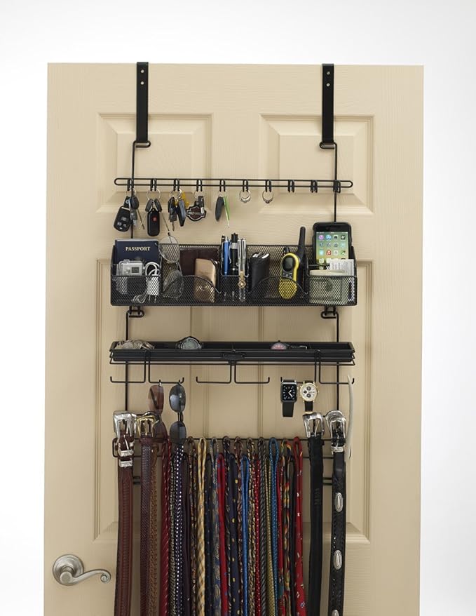 Over The Door/Wall Hanging Men's Tie and Belt Rack Organizer Valet Patented in Black 43 Hooks for Men’s Organization