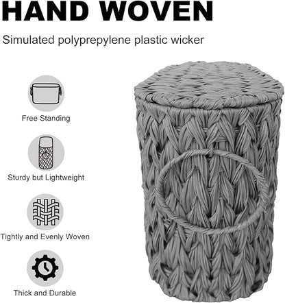 Coeusy Toilet Paper Storage Basket with Lid,Wicker Toilet Paper Holder Stand,Narrow Decorative Woven Bathroom Basket Organizer,Free Standing Grey