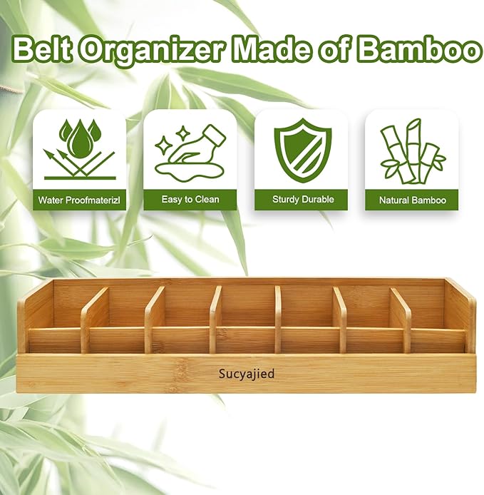 Belt Organizer, 7 Compartments Belt Organizer for Closet and Drawer, Belt Holder Case for Tie and Belt, Bamboo Storage Box for Men and Women (Wooden, 7)