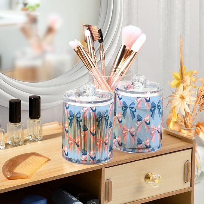 2 Pack Qtip Holder Dispenser for Cotton Ball Pink Bow Blue Pattern Swab Round Pads Clear Plastic Acrylic Jar Set Bathroom Canister