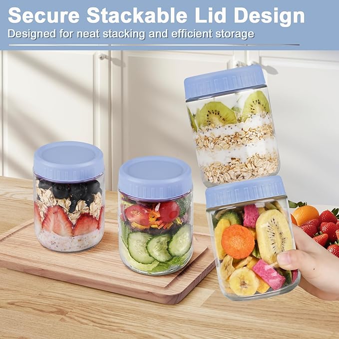 Overnight Oats Containers with Lids, 16oz Wide Mouth Mason Jars with Lids, 3 Pack Glass Jars with Airtight lid for Chia Pudding Yogurt Salad, Meal Prer Oatmeal Jars, Blue