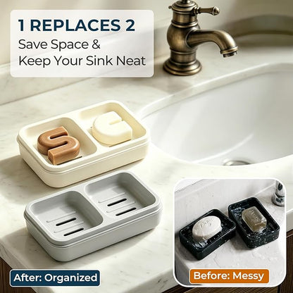 AIMAIAIMAI 2-Compartment Shampoo Bar Holder | Slotted Soap Dish with Drainage Tray for Bar Shampoo and Conditioner (1-Pack, Gray)