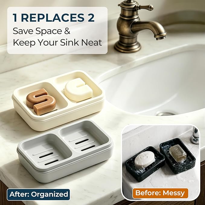AIMAIAIMAI 2-Compartment Shampoo Bar Holder | Slotted Soap Dish with Drainage Tray for Bar Shampoo and Conditioner (1-Pack, White)