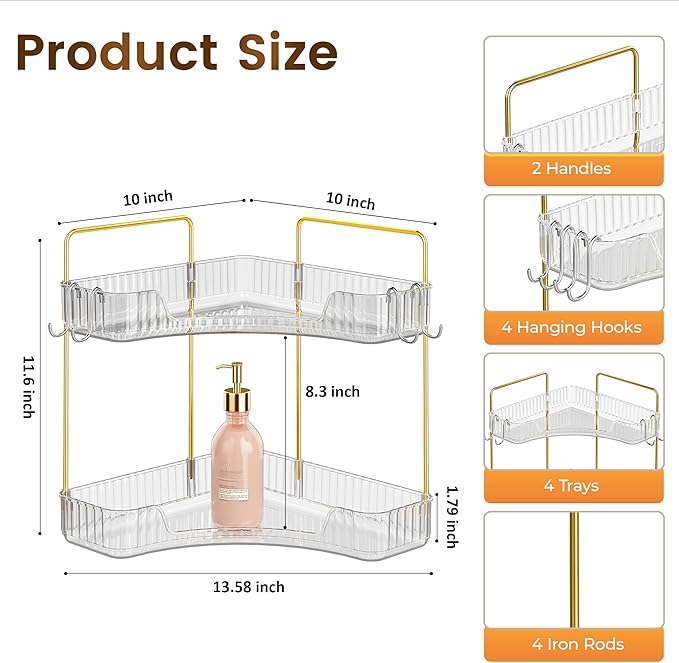 Corner Bathroom Counter Organizer 2 Tier Bathroom Organizers and Storage Countertop with Hooks Skin Care Exquisite Vanity Organizer Countertop Bathroom Storage Dresser, Kitchen-Clear