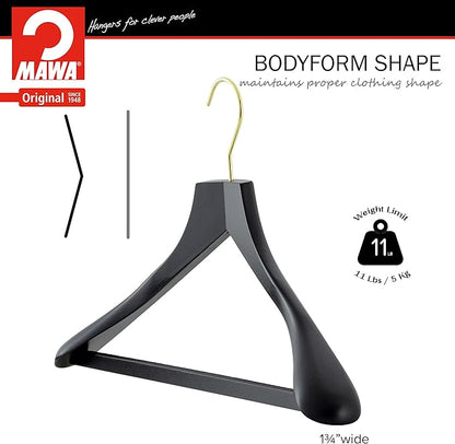 MAWA by Reston Lloyd, European Wooden Hanger, Beech Wood Body Form Hanger with Wide Supportive Shoulders, Rotating Gold Hook, Black Finish, for Shirts, Blazers, Pants, Dress Clothes Hanger, Set of 2
