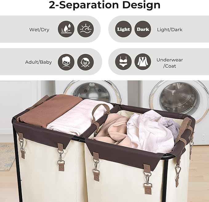 StorageWorks 280L Large Laundry Hamper with Wheels, Laundry Basket with Wheels 2 Sections, Clothes Sorter Cart with Divider for Hotel, Home, Beige, 1-Pack
