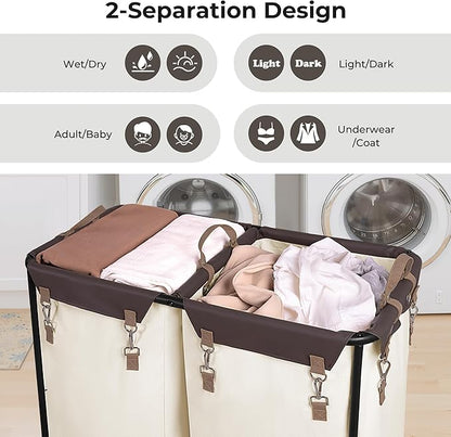 StorageWorks 280L Large Laundry Hamper with Wheels, Laundry Basket with Wheels 2 Sections, Clothes Sorter Cart with Divider for Hotel, Home, Beige, 1-Pack