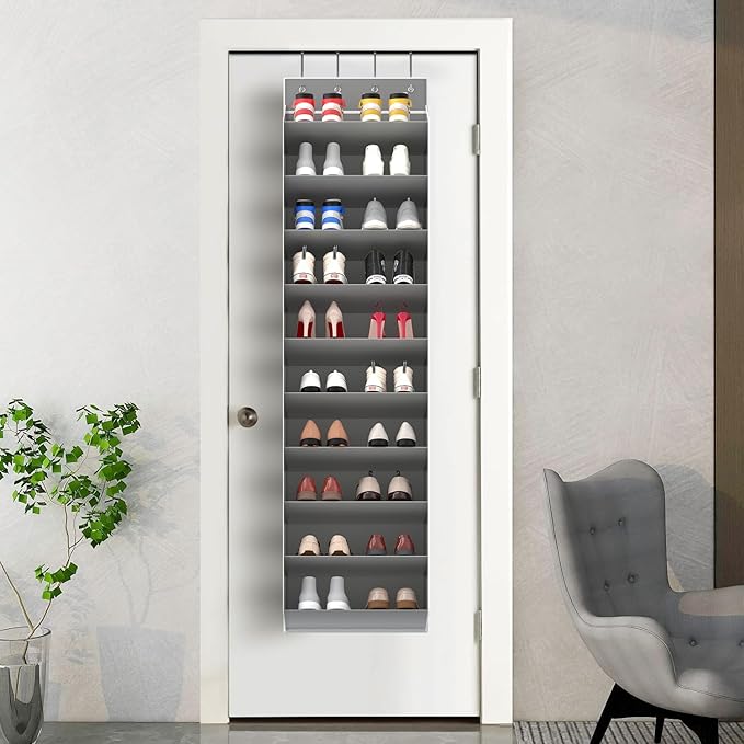 REGELETO 10 Tiers Large Size Over Door Shoe Organizer Storage, Hanging Shoe Rack for Door with Deep Pockets, Fit 20-30 Pairs Shoe Organizer Holder for Sneakers and Boots (Grey)