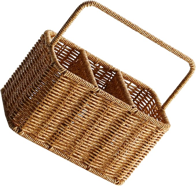 SOLUSTRE Woven Divided Cutlery Storage Basket 8.85X8.66X4.92 Inch Portable Silverware Organizer for Kitchen Countertop and Dining Room Utensil Caddy