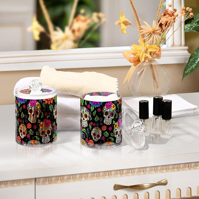 2 Pack Apothecary Jars Bathroom Colorful Dead Skulls Qtip Holder Dispenser Clear Plastic Storage Canister Jar with Lid for Cotton Ball, Cotton Swab