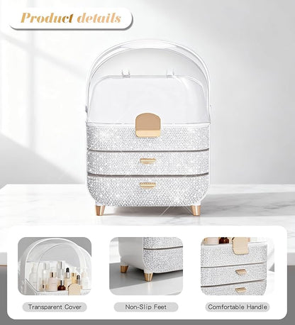 Bling Makeup Organizer Countertop, Sparkle Skincare Holder Organizer with Glitter Rhinestones, Storage Box Cosmetic Display Cases, Teen Girl Gifts Make up Organizers for Vanity, Dresser