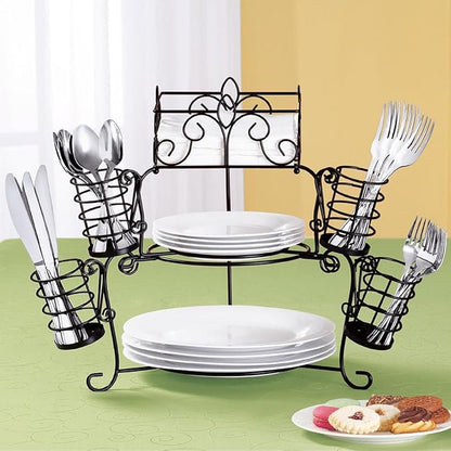 Collections Etc Metal Buffet Organizer with Scroll Design, 7-Piece Set for Plates, Napkins and Cutlery