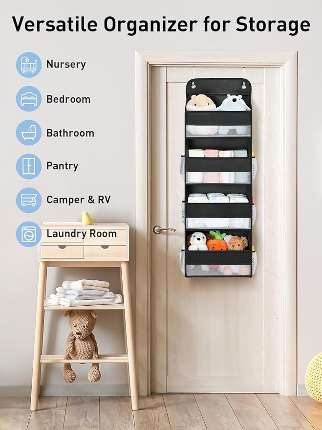 Yecaye 1 Pack Over the Door Organizer, 35.2lbs Load Toy Stuffed Animal Storage, Large Capacity Swing-proof Hanging Bathroom Organizers and Storage for Nursery Newborn Baby Essential Stuff Black